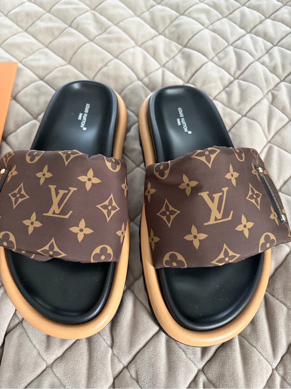 Louis Vuitton Brown Monogram Slide Sandals with Black Footbed and Tan Trim